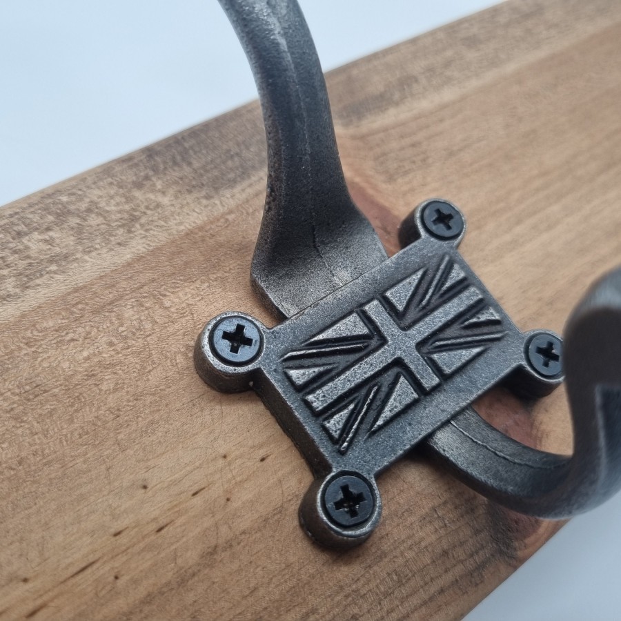 Wooden Coat and hat Hooks with Pine base and Vintage Cast Iron Hooks - Handmade in the U.K 3