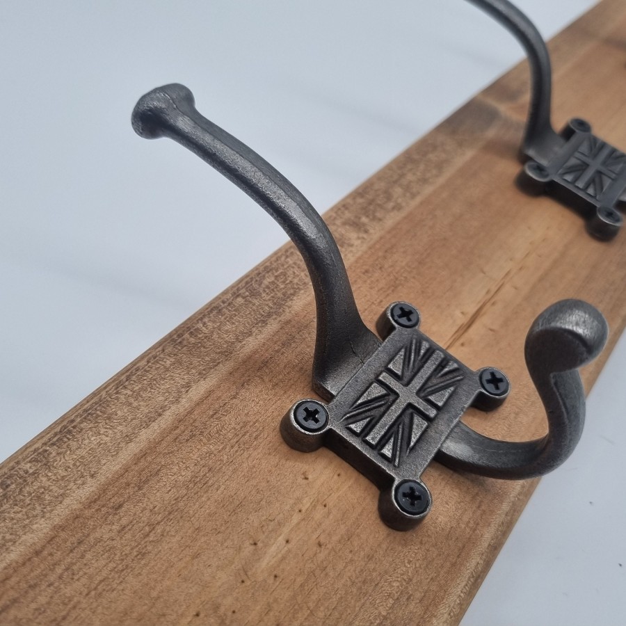 Wooden Coat and hat Hooks with Pine base and Vintage Cast Iron Hooks - Handmade in the U.K 5