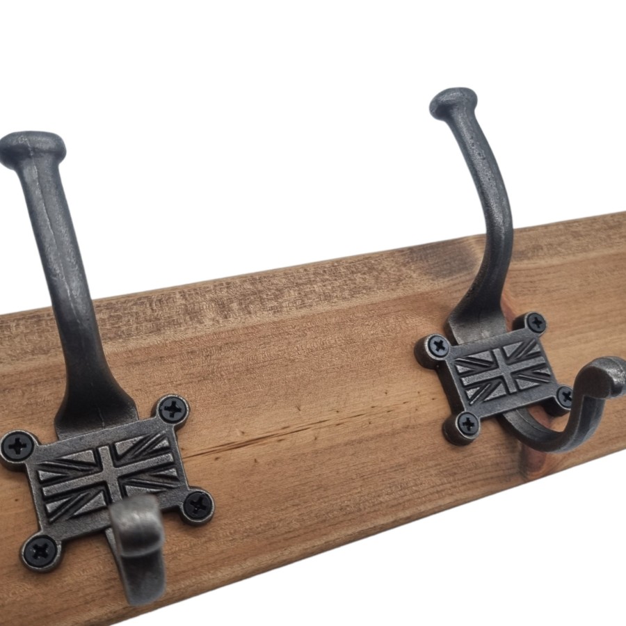 Wooden Coat and hat Hooks with Pine base and Vintage Cast Iron Hooks - Handmade in the U.K 6