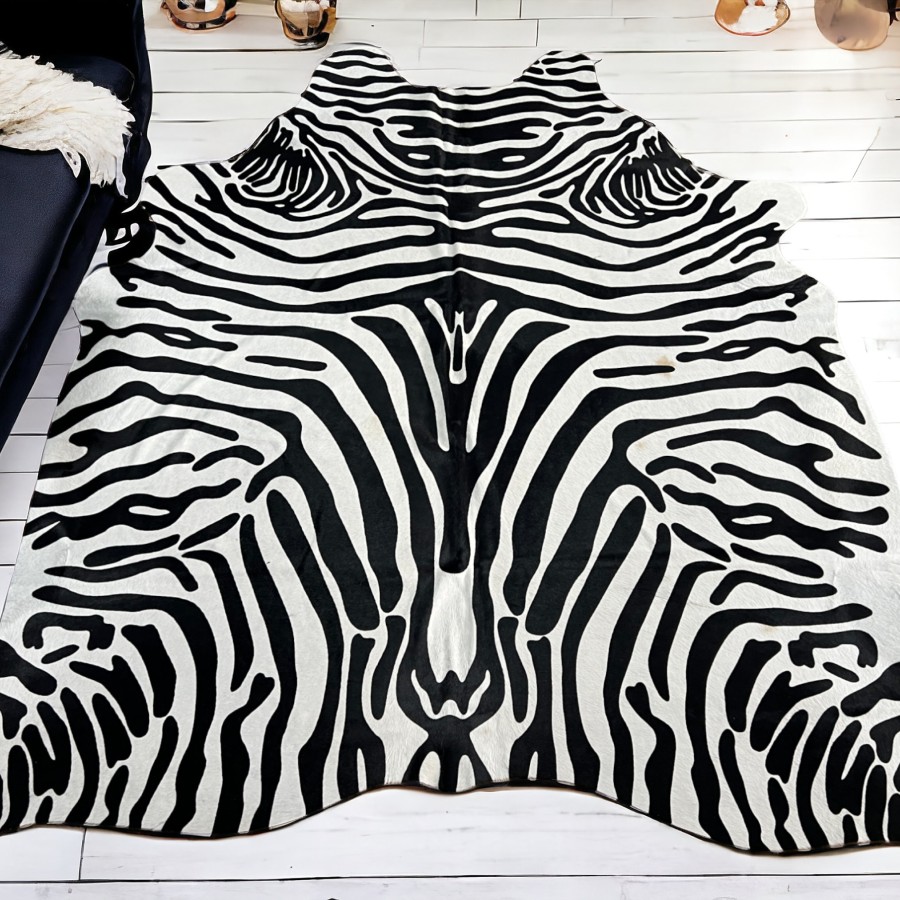 Cowhide rug | Cowhide stenciled with black and white zebra print pattern 2
