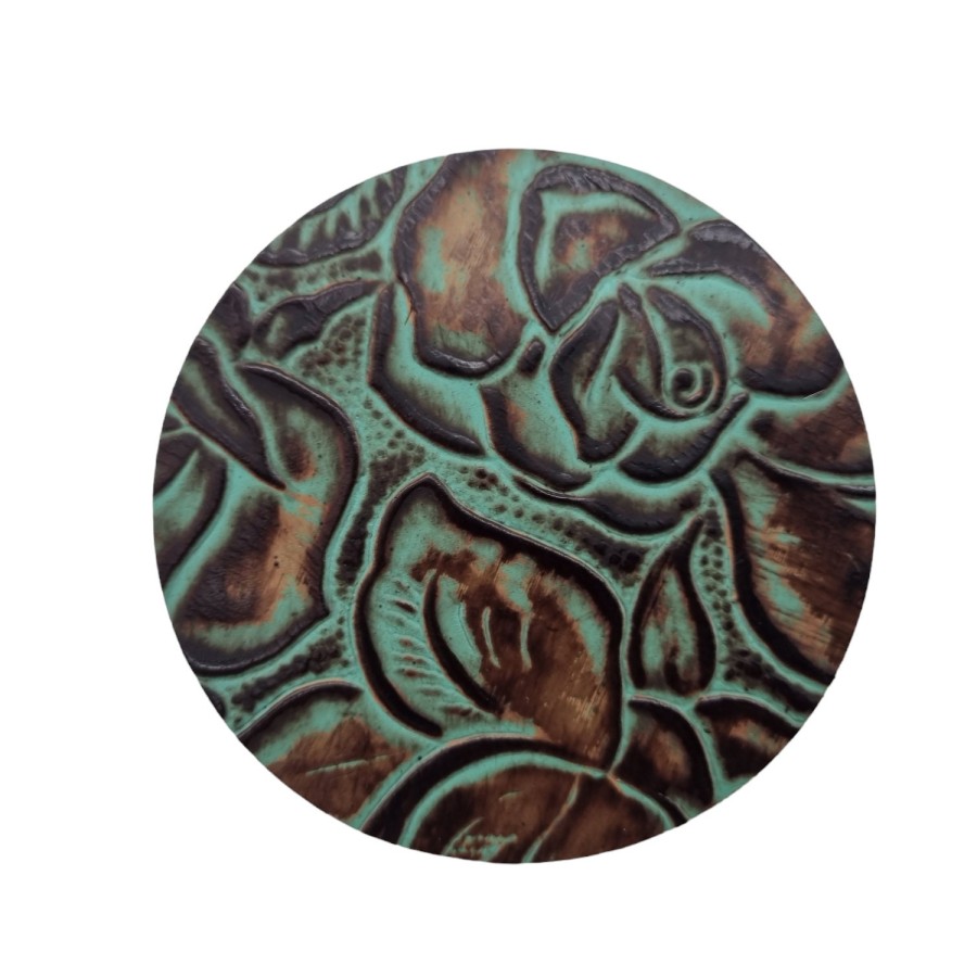 Turquoise & Brown Roses Embossed Genuine leather coasters - Set of 6 coasters - Handmade in the U.K 1
