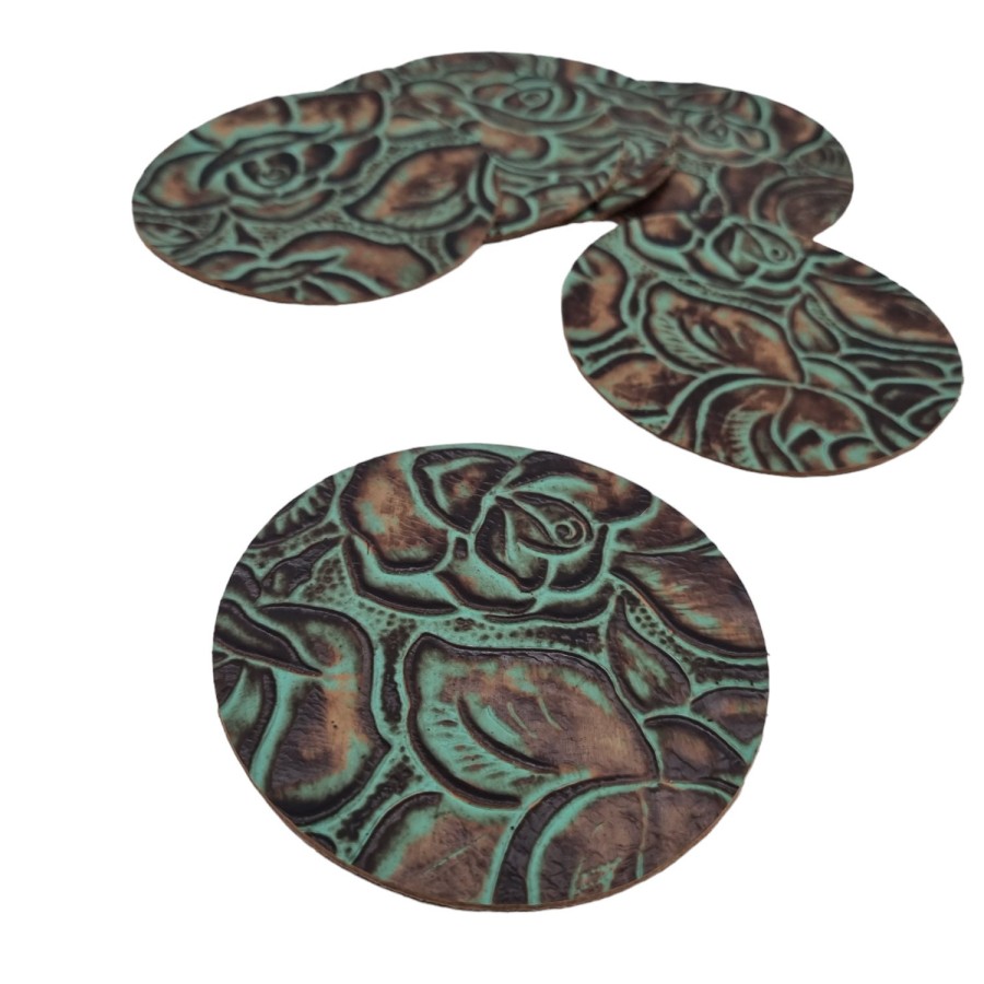 Turquoise & Brown Roses Embossed Genuine leather coasters - Set of 6 coasters - Handmade in the U.K 2