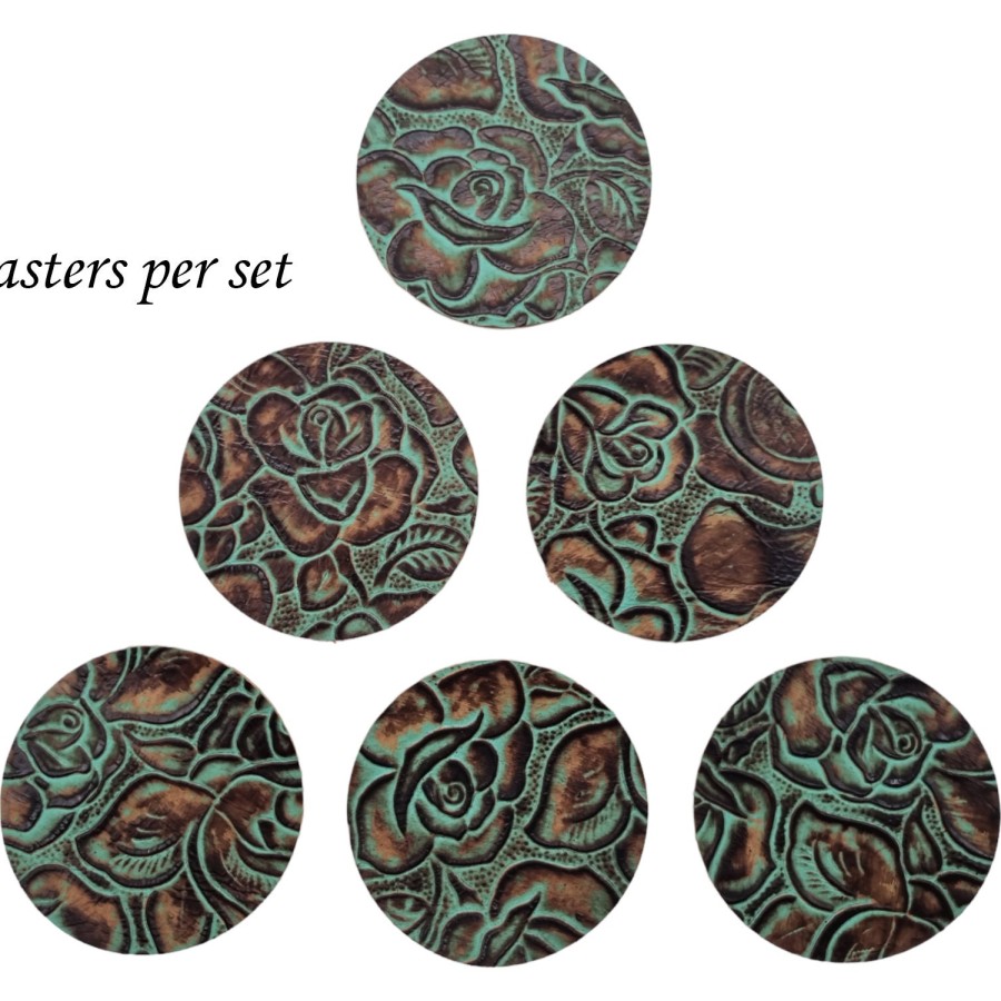 Turquoise & Brown Roses Embossed Genuine leather coasters - Set of 6 coasters - Handmade in the U.K 3