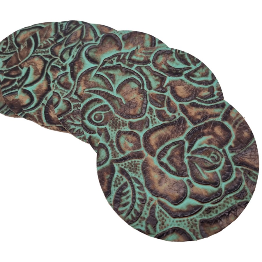 Turquoise & Brown Roses Embossed Genuine leather coasters - Set of 6 coasters - Handmade in the U.K 4