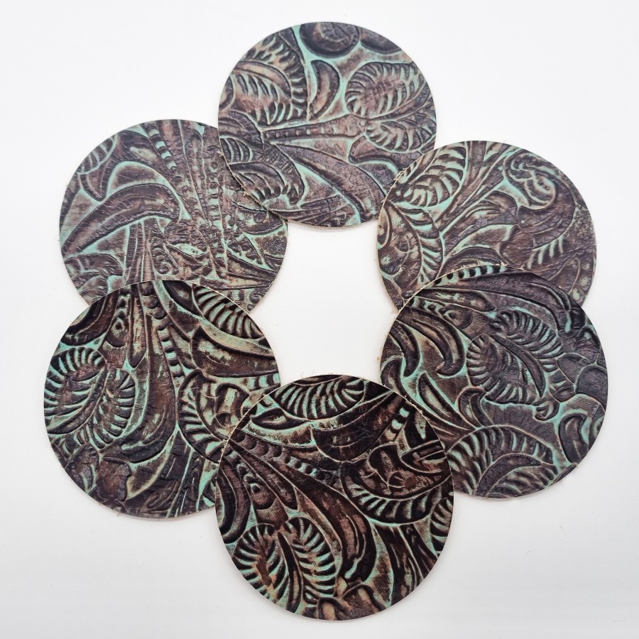 Turquoise & Brown Floral Embossed Genuine leather coasters - Set of 6 coasters - Handmade in the U.K 2