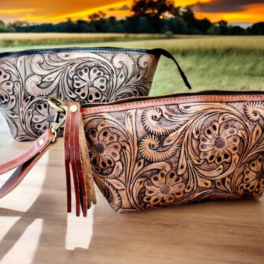 Tooled Leather Clutch | Western Style Women's Clutch | Unique Design Leather purse / washbag 0