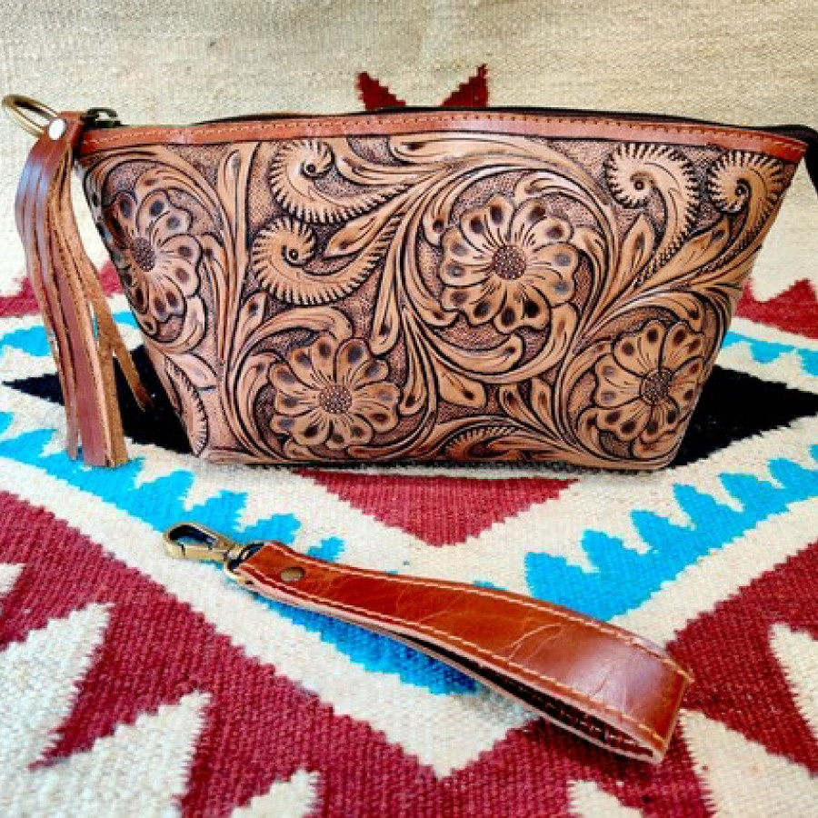 Tooled Leather Clutch | Western Style Women's Clutch | Unique Design Leather purse / washbag 1