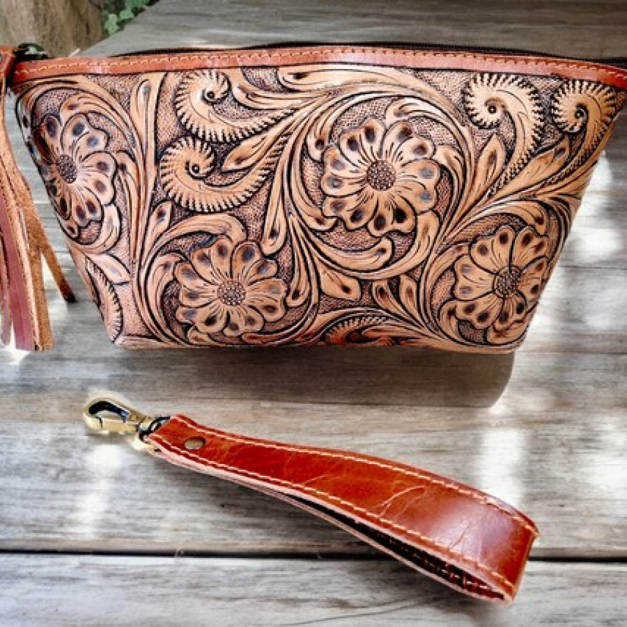 Tooled Leather Clutch | Western Style Women's Clutch | Unique Design Leather purse / washbag 2