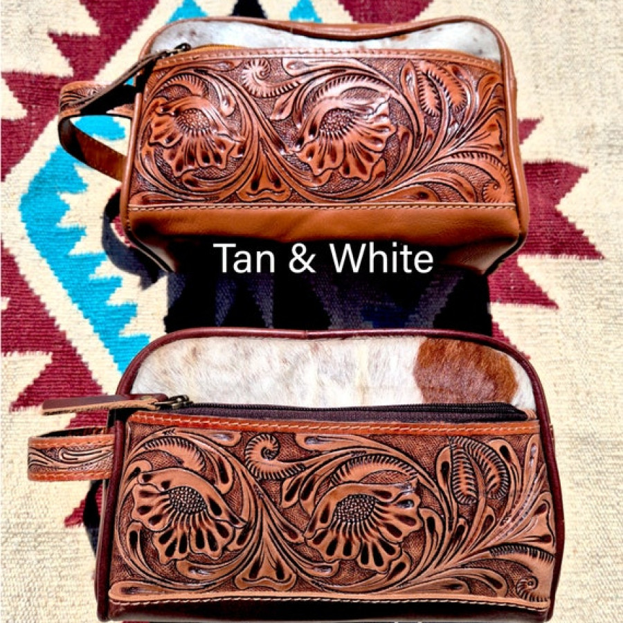 Western-style genuine cowhide and tooled leather wash bag | toiletries bag | makeup bag 1