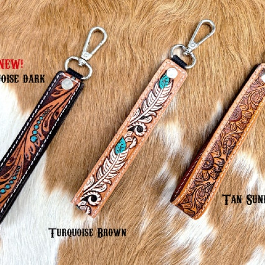 Western-style Genuine leather wrist lanyard / wristlet / Keychain with western tooled pattern 1
