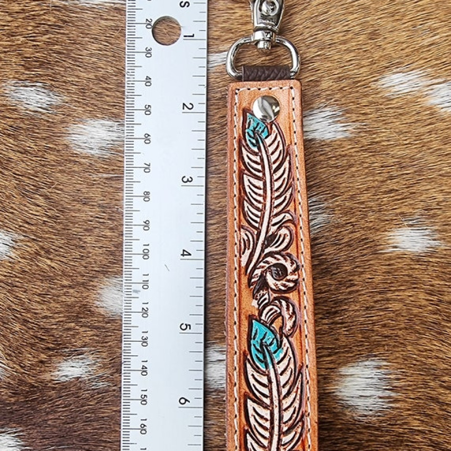 Western-style Genuine leather wrist lanyard / wristlet / Keychain with western tooled pattern 2