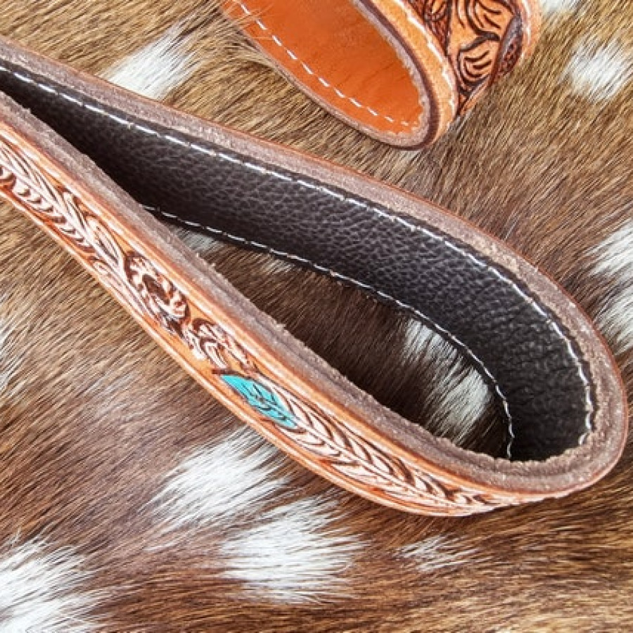 Western-style Genuine leather wrist lanyard / wristlet / Keychain with western tooled pattern 3