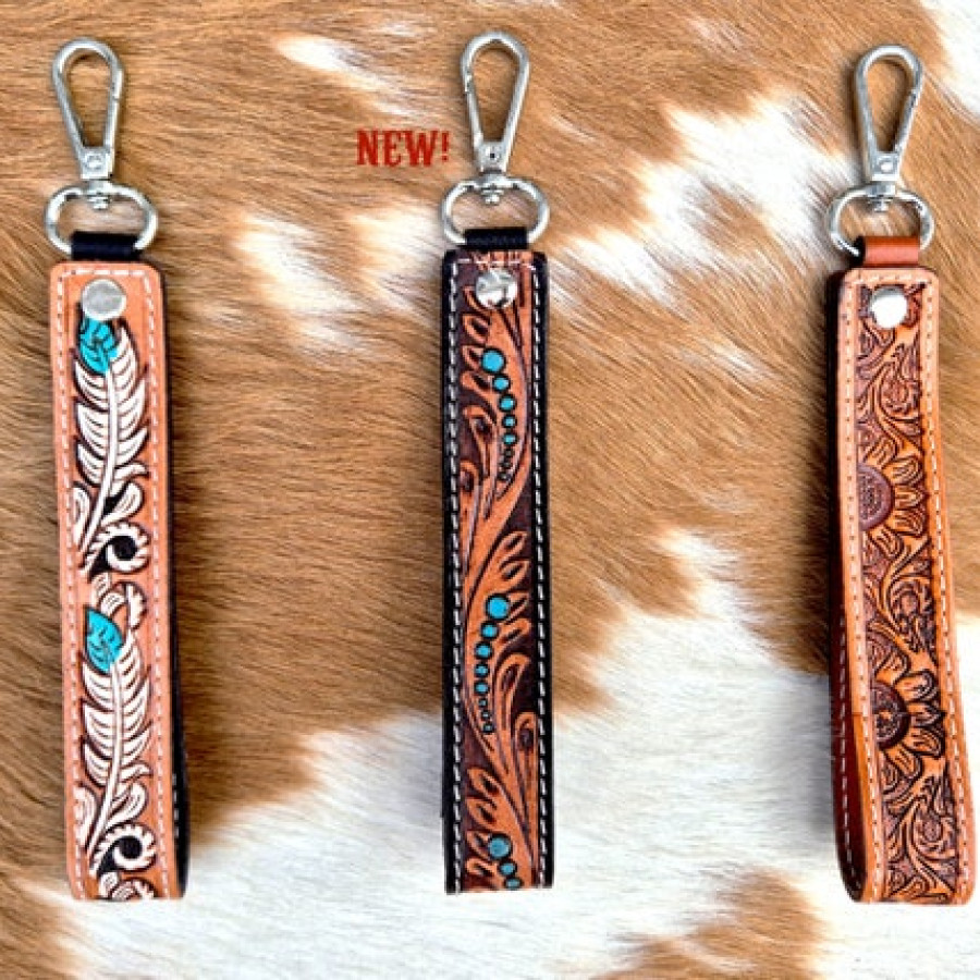 Western-style Genuine leather wrist lanyard / wristlet / Keychain with western tooled pattern 4