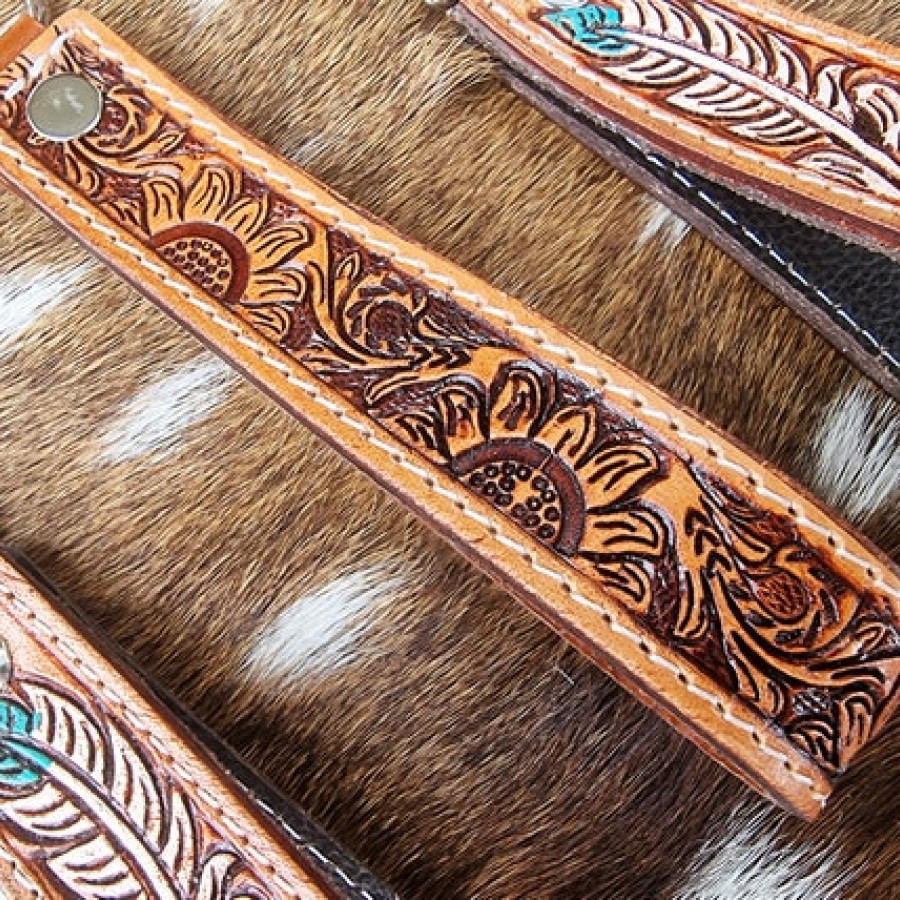 Western-style Genuine leather wrist lanyard / wristlet / Keychain with western tooled pattern 5