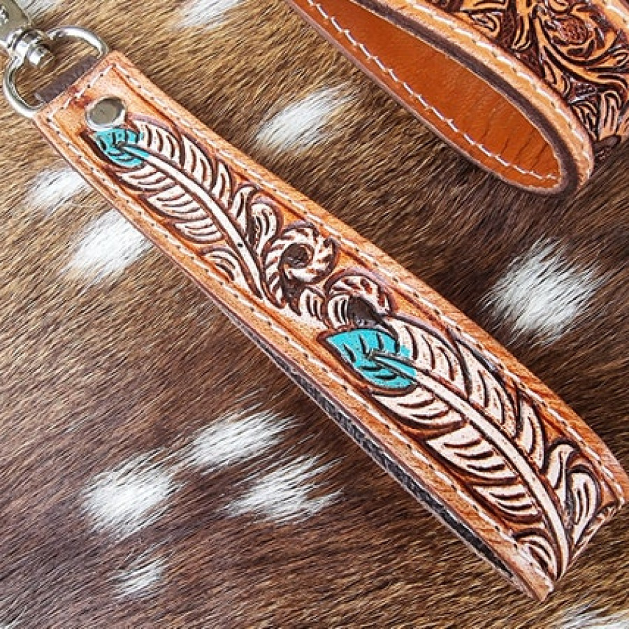 Western-style Genuine leather wrist lanyard / wristlet / Keychain with western tooled pattern 6