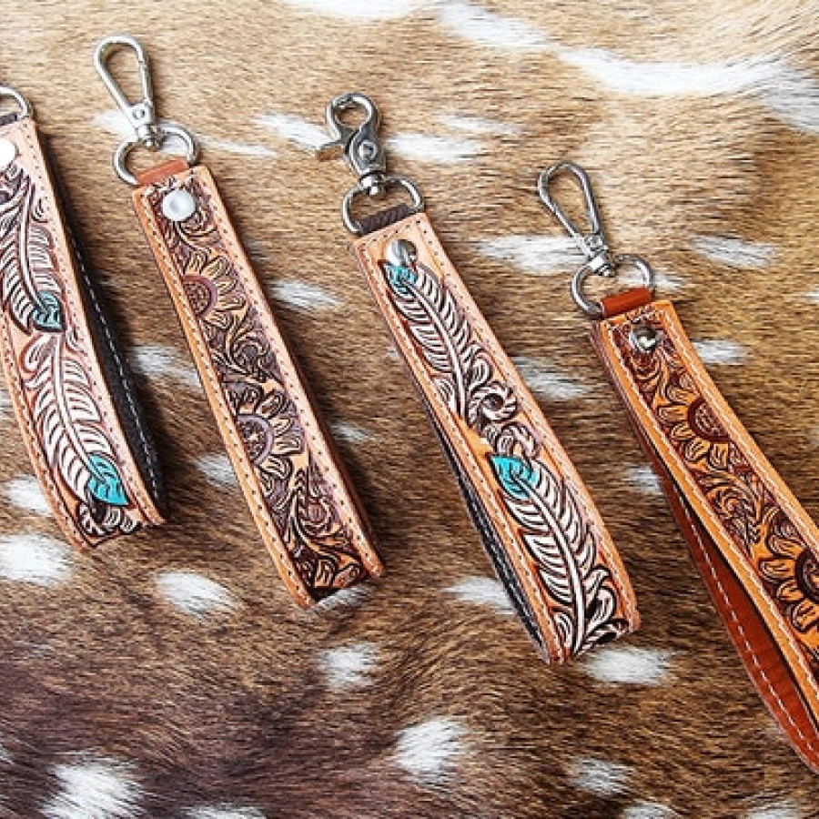 Western-style Genuine leather wrist lanyard / wristlet / Keychain with western tooled pattern 7