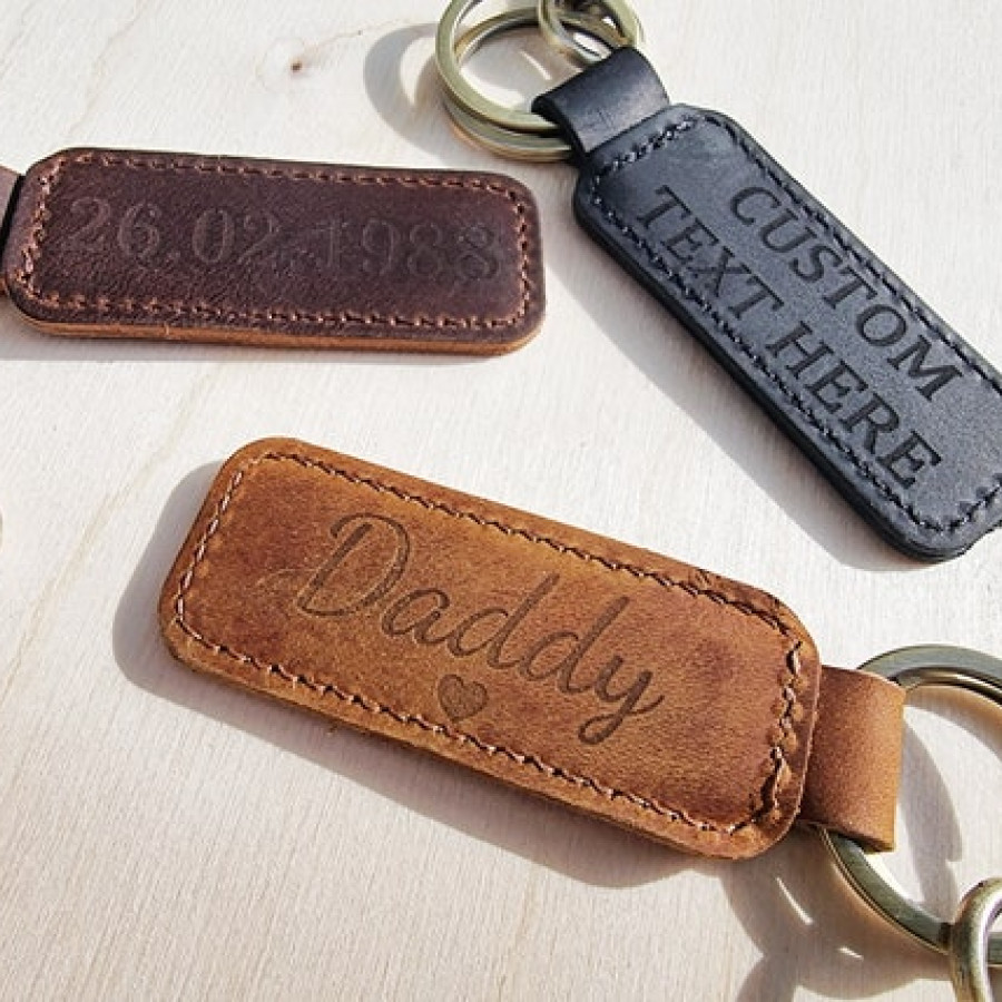 Custom-made laser engraved vintage genuine leather key ring / Keychain - Add your own text or Logo! 1