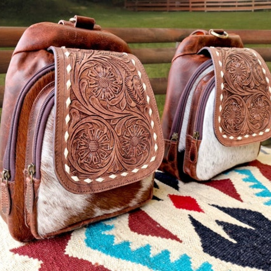 Western style cowhide and genuine leather compact backpack | small cowhide backpack | cowhide shoulder bag | cowhide purse 2