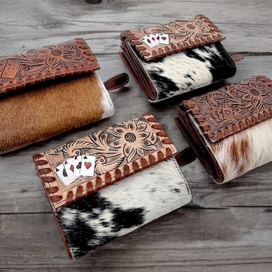 Southwestern style Genuine cowhide & tooled Leather trim lady's wallet / purse 0