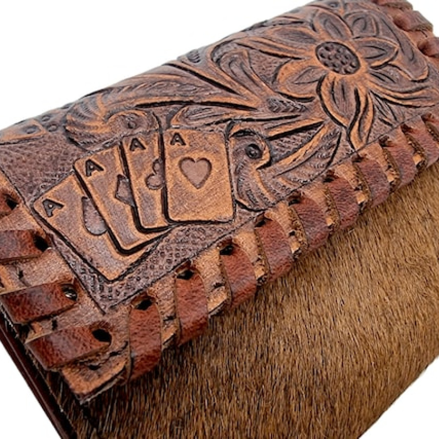 Southwestern style Genuine cowhide & tooled Leather trim lady's wallet / purse 4