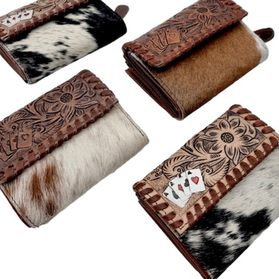 Southwestern style Genuine cowhide & tooled Leather trim lady's wallet / purse 9