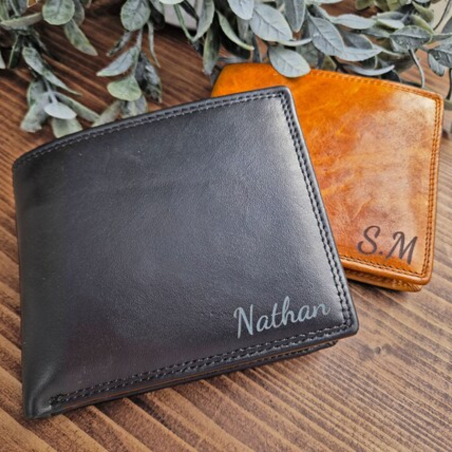 Custom engraved genuine leather men's wallets with RFID - customised leather wallet | personalized leather wallet - Available in Tan / Black 2