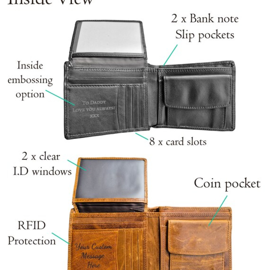 Custom engraved genuine leather men's wallets with RFID - customised leather wallet | personalized leather wallet - Available in Tan / Black 3