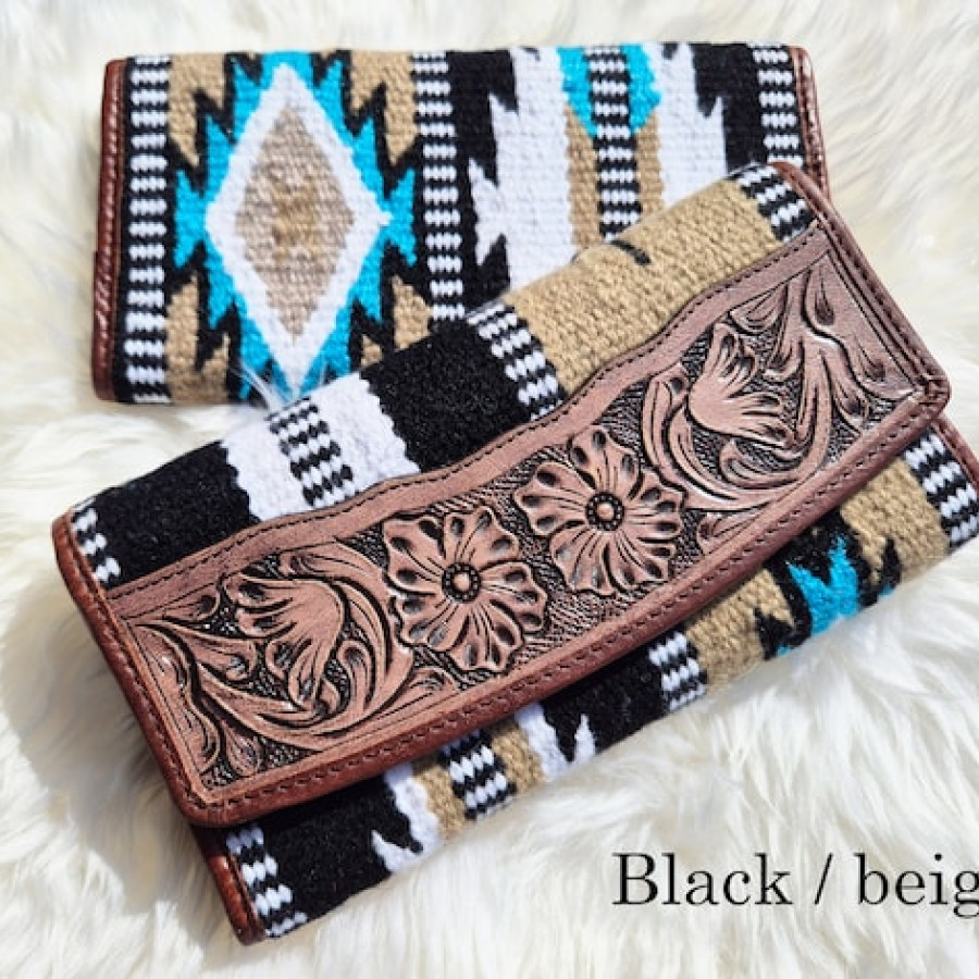Boho style wallet purse - Tri-fold design - Aztec style wool & genuine tooled Leather 0