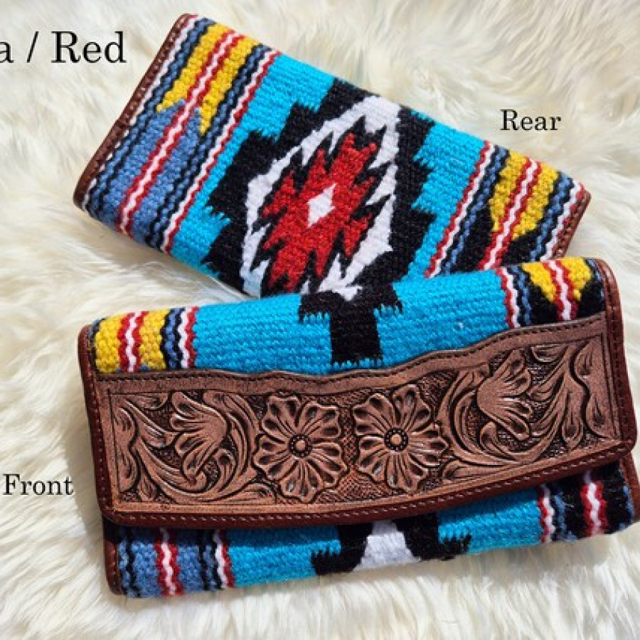 Boho style wallet purse - Tri-fold design - Aztec style wool & genuine tooled Leather 3