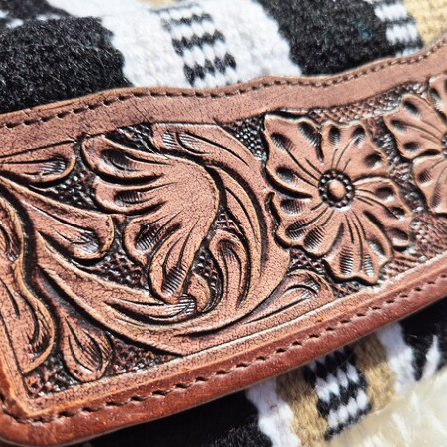 Boho style wallet purse - Tri-fold design - Aztec style wool & genuine tooled Leather 8