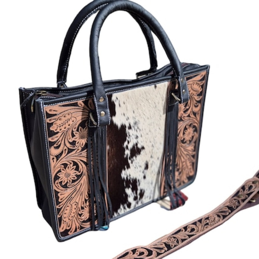 Cowhide and Tooled Leather Western Tote Bag - Floral Design 0