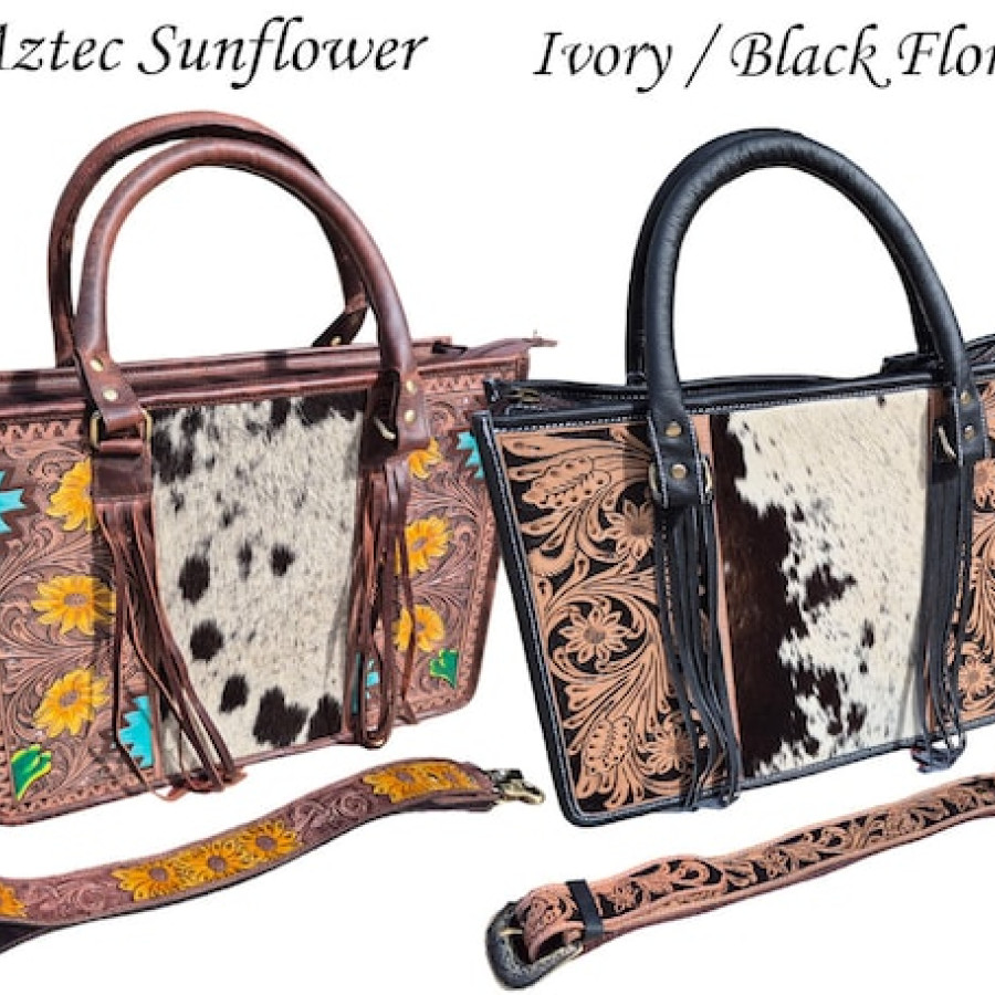 Cowhide and Tooled Leather Western Tote Bag - Floral Design 1
