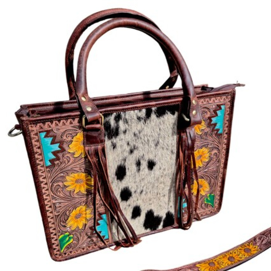Cowhide and Tooled Leather Western Tote Bag - Floral Design 2
