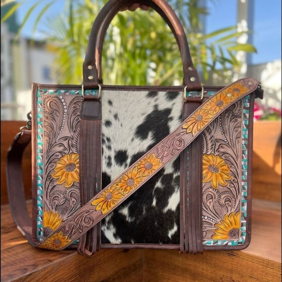 Cowhide and Tooled Leather Western Tote Bag - Floral Design 3
