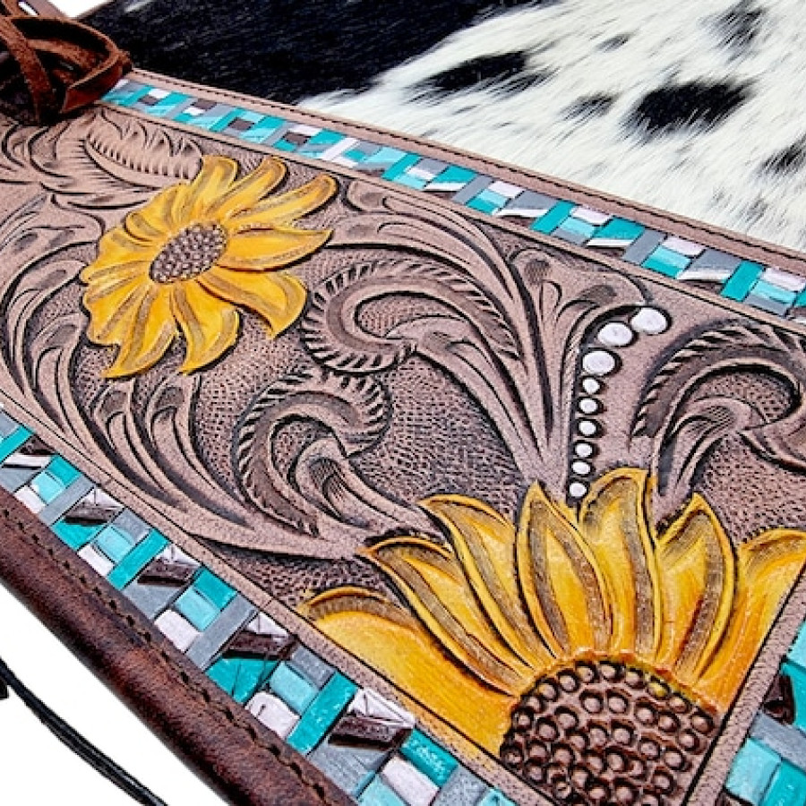 Cowhide and Tooled Leather Western Tote Bag - Floral Design 7