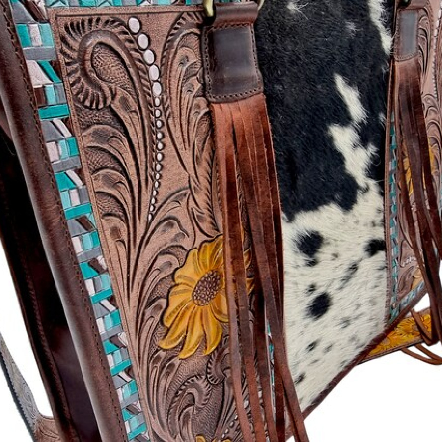 Cowhide and Tooled Leather Western Tote Bag - Floral Design 9