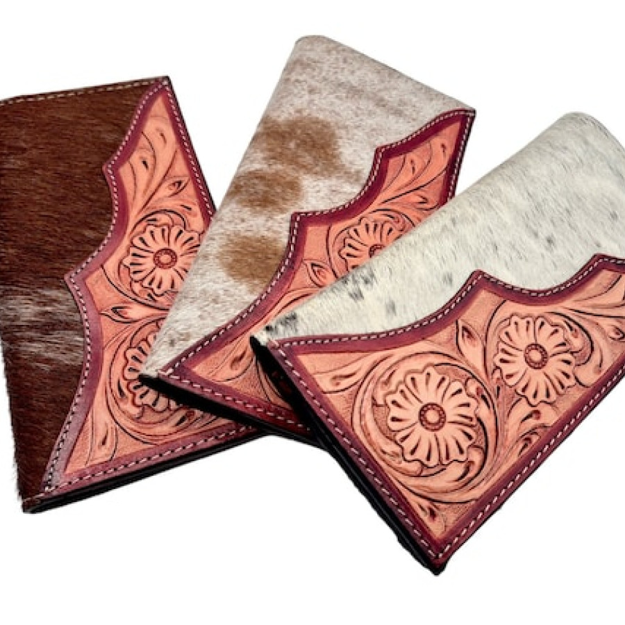 Bi fold Southwestern style wallet - With tooled leather & genuine fur-on cowhide wallet / clutch / purse 1
