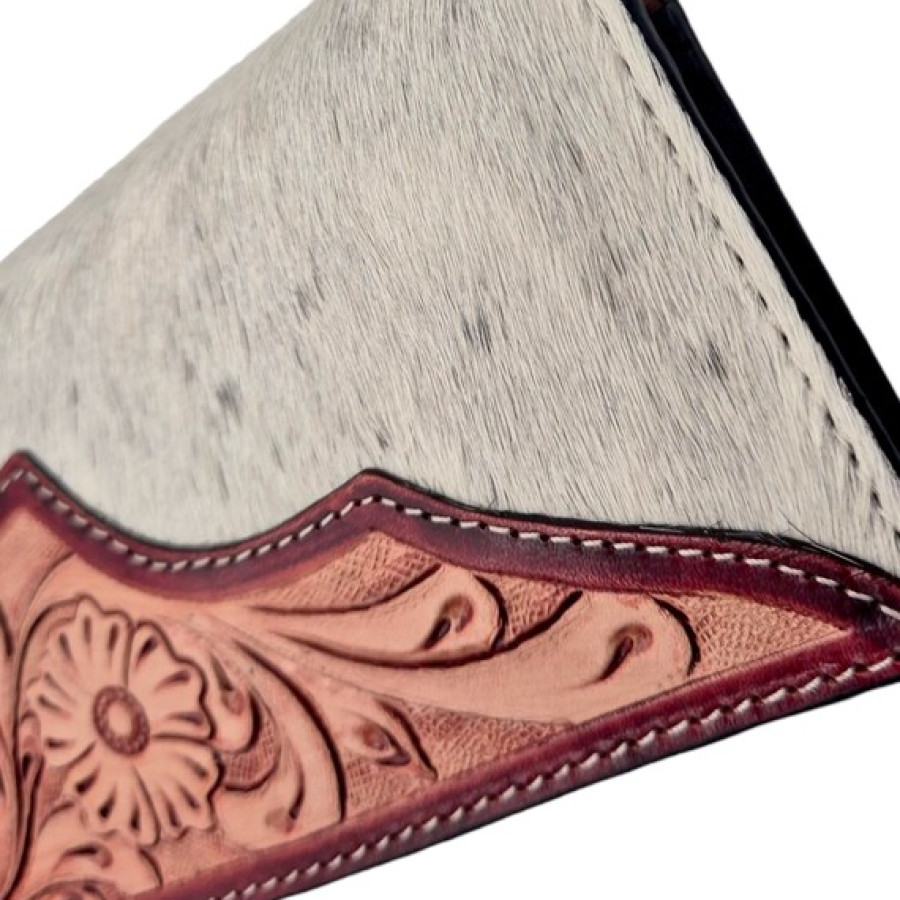 Bi fold Southwestern style wallet - With tooled leather & genuine fur-on cowhide wallet / clutch / purse 2