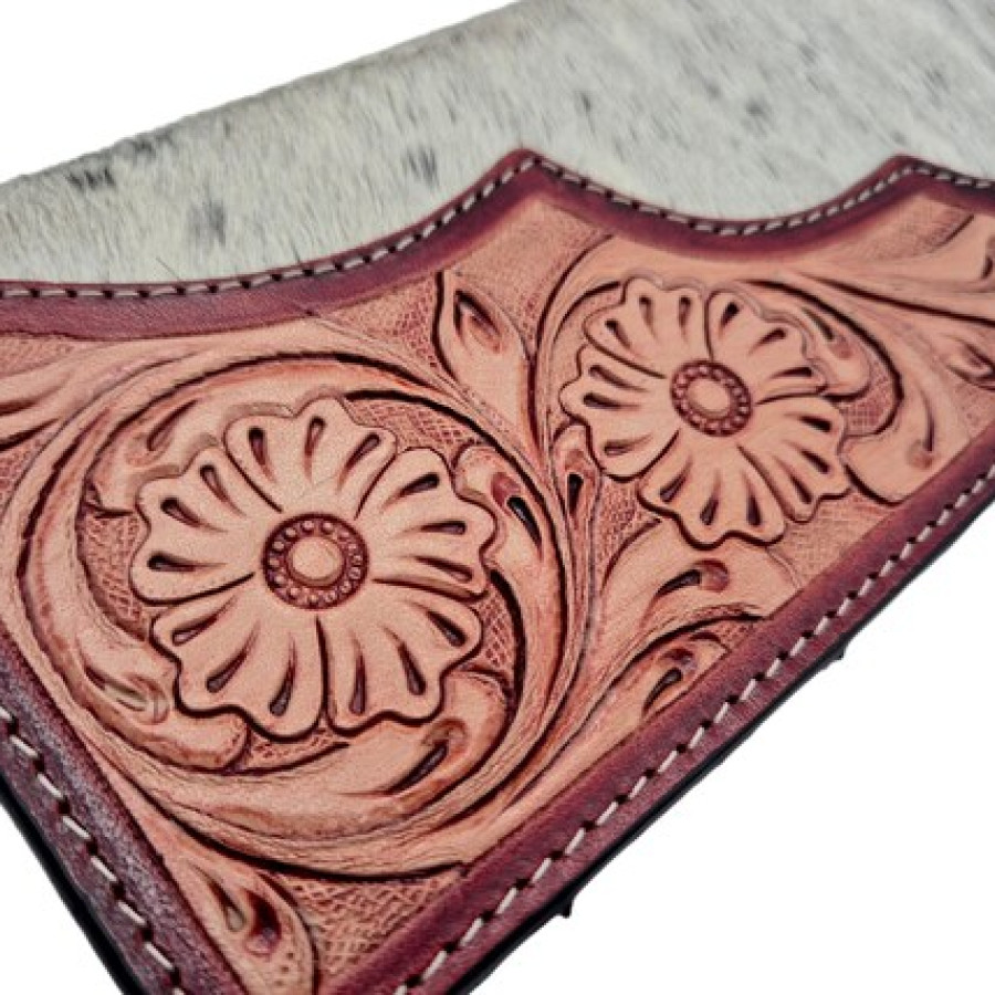 Bi fold Southwestern style wallet - With tooled leather & genuine fur-on cowhide wallet / clutch / purse 3