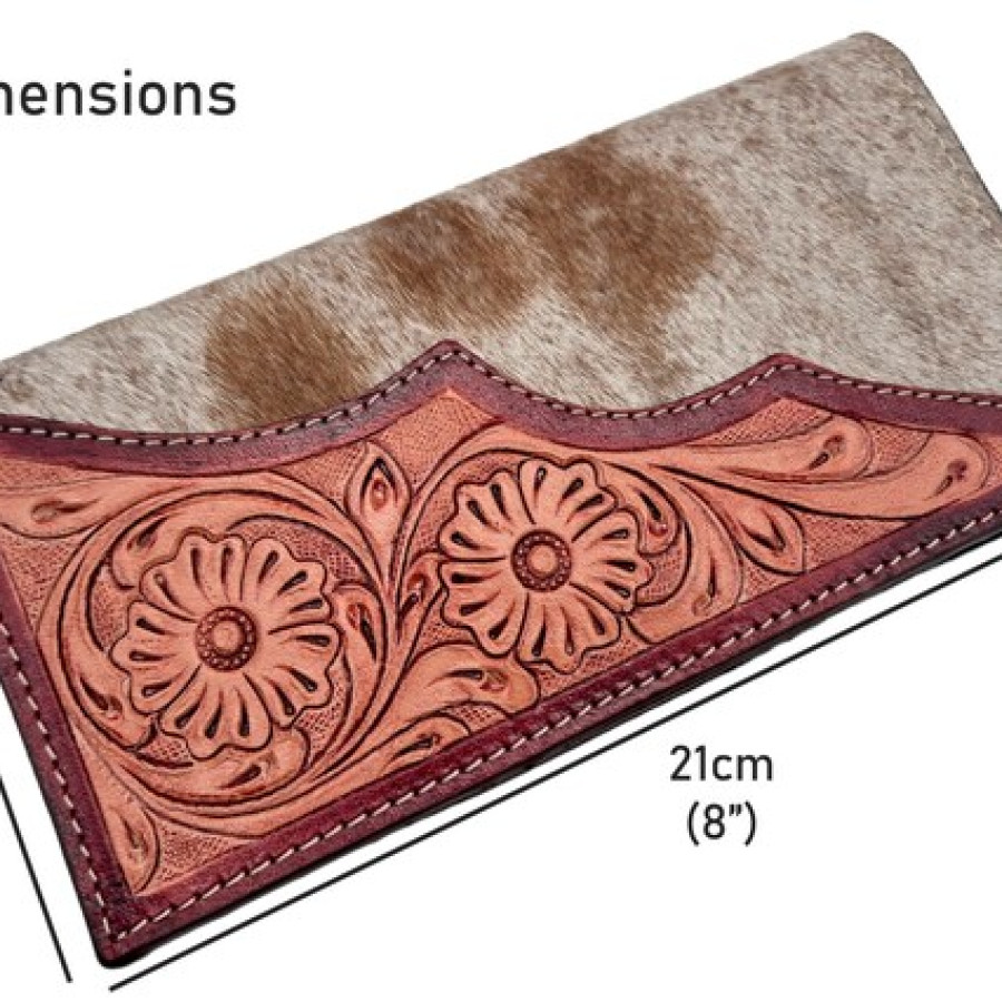 Bi fold Southwestern style wallet - With tooled leather & genuine fur-on cowhide wallet / clutch / purse 4
