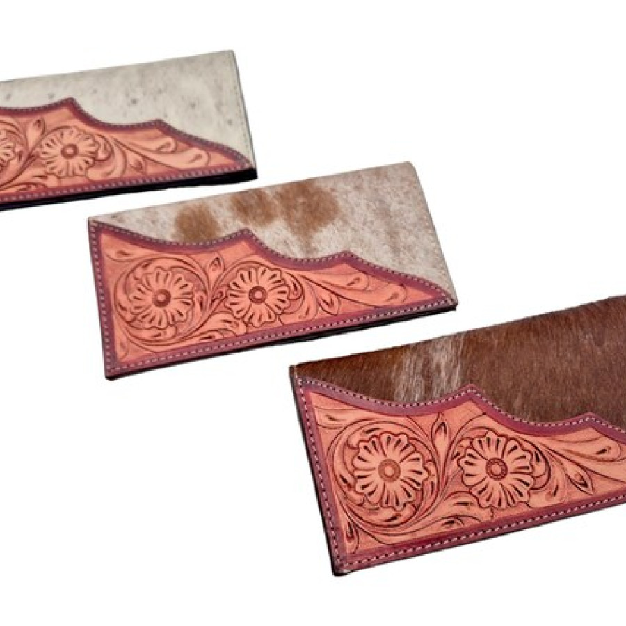 Bi fold Southwestern style wallet - With tooled leather & genuine fur-on cowhide wallet / clutch / purse 5