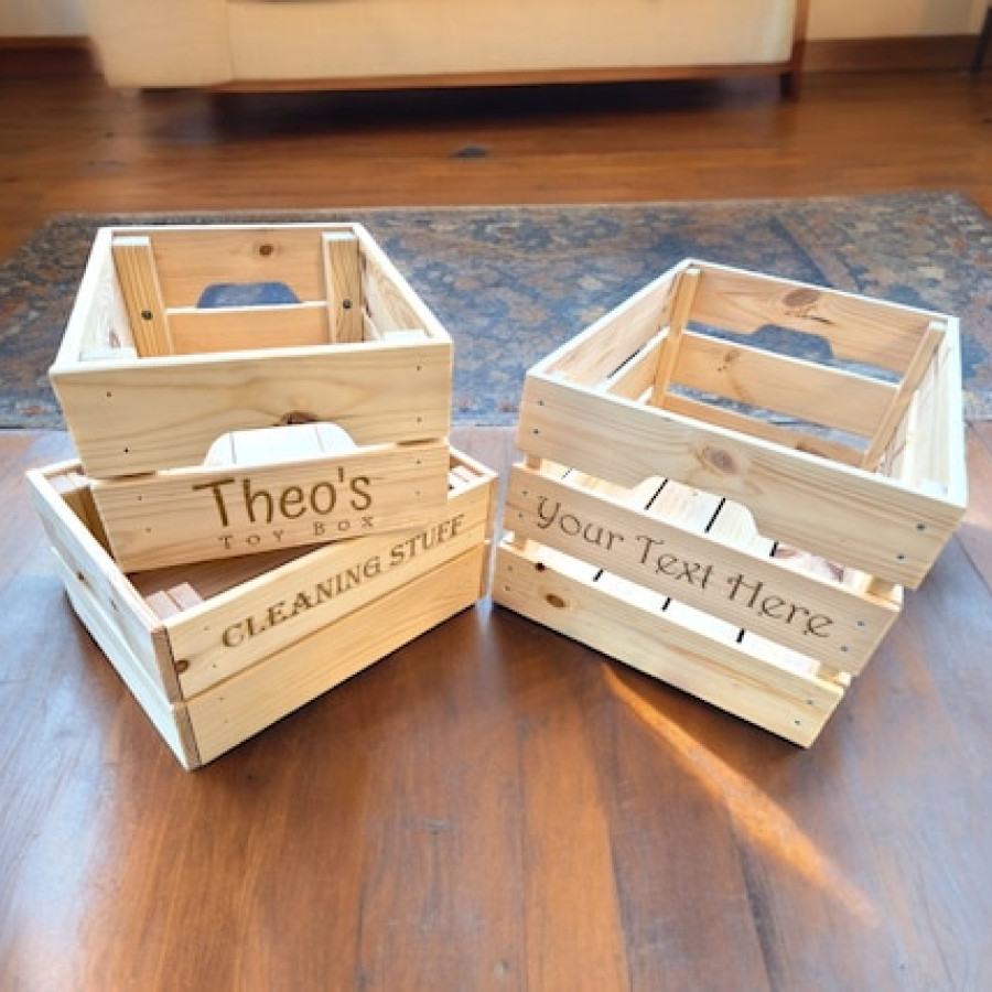 Custom made Laser-engraved pine wood storage crates  / customised wooden storage boxes 0