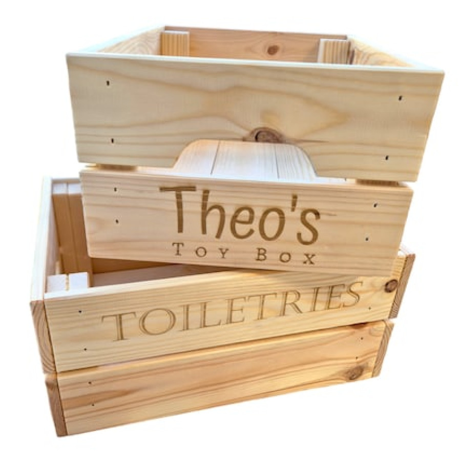 Custom made Laser-engraved pine wood storage crates  / customised wooden storage boxes 2