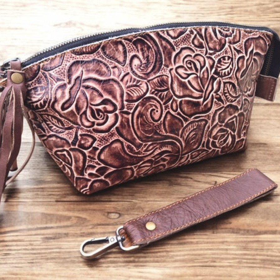 Western Style Women's Leather Clutch Embossed with Stunning Roses Pattern |  Unique Design Leather clutch / purse / bag 1