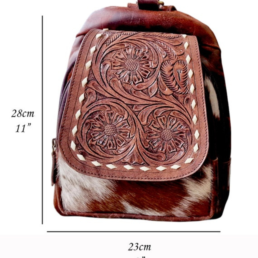 Genuine cowhide and embossed leather compact backpack | small cowhide backpack | small-sized western-style backpack | cowhide purse 3