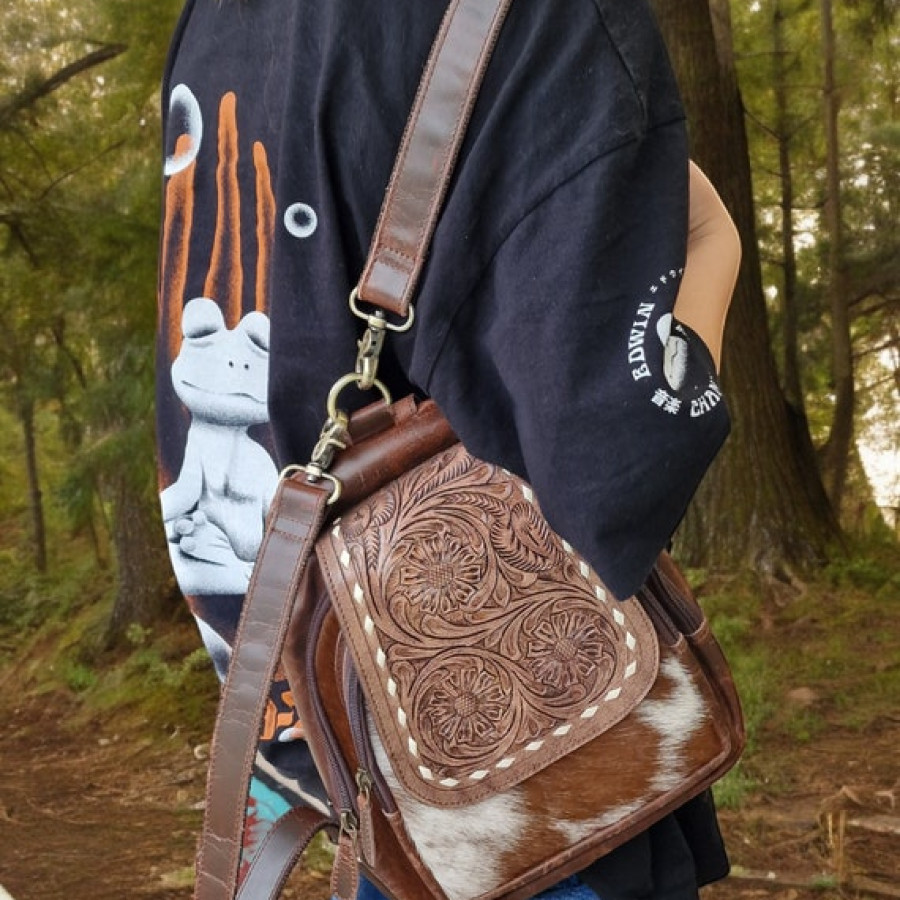 Genuine cowhide and embossed leather compact backpack | small cowhide backpack | small-sized western-style backpack | cowhide purse 6