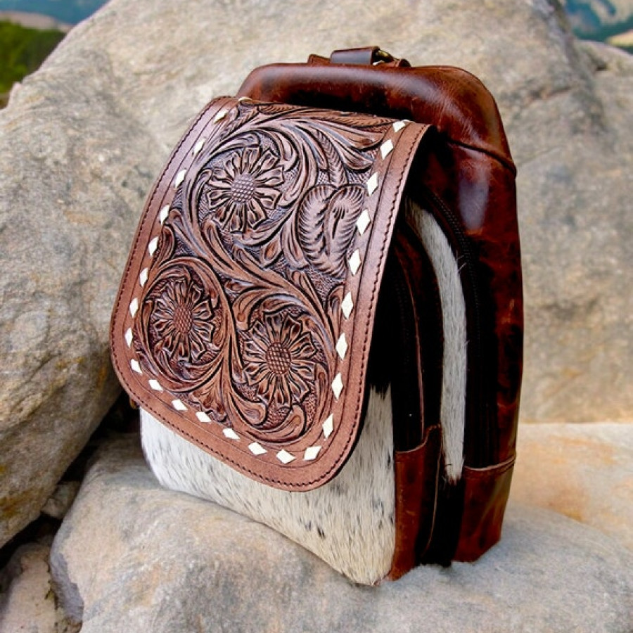 Genuine cowhide and embossed leather compact backpack | small cowhide backpack | small-sized western-style backpack | cowhide purse 7