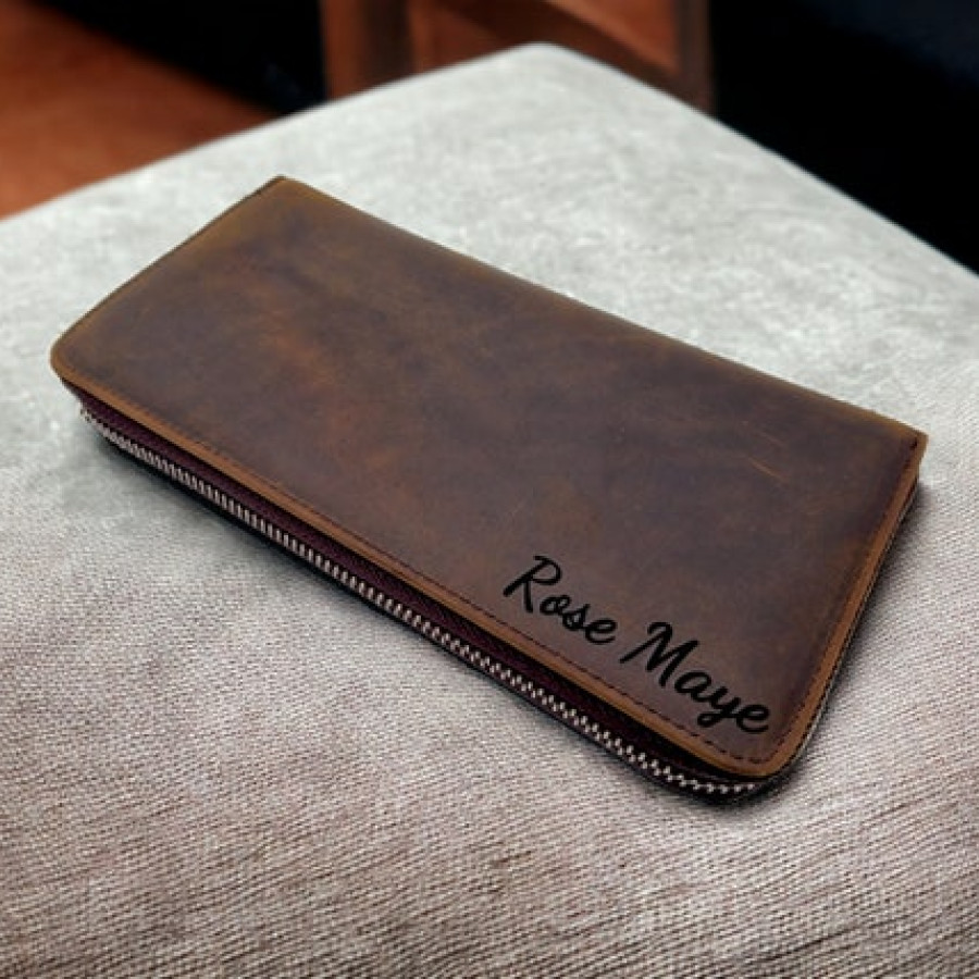 Customised / personalised ladies premium Genuine Leather Wallet - Large leather wallet with custom embossed name or initials 1
