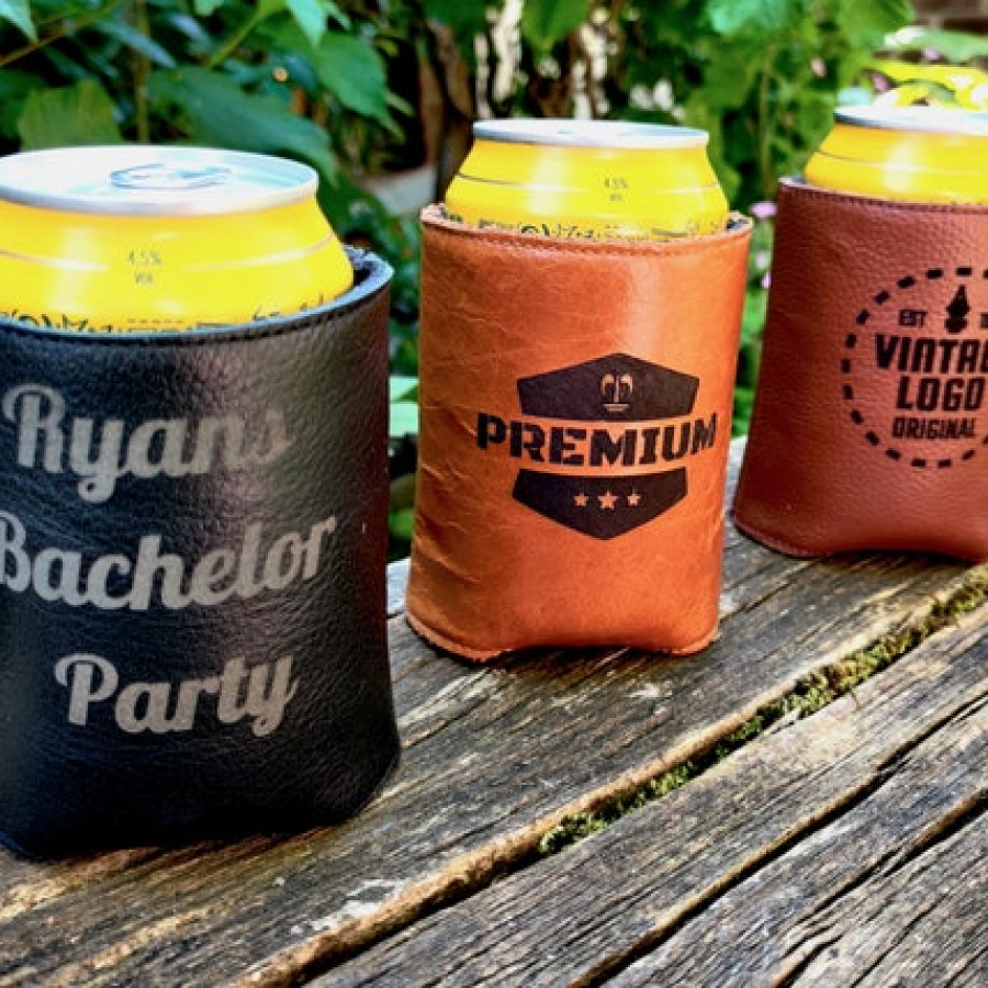 Customised beer cosies - Genuine leather and neoprene can Coosies / can coolers - for 12oz/ 16oz cans - Groomsman gift - Handmade 1