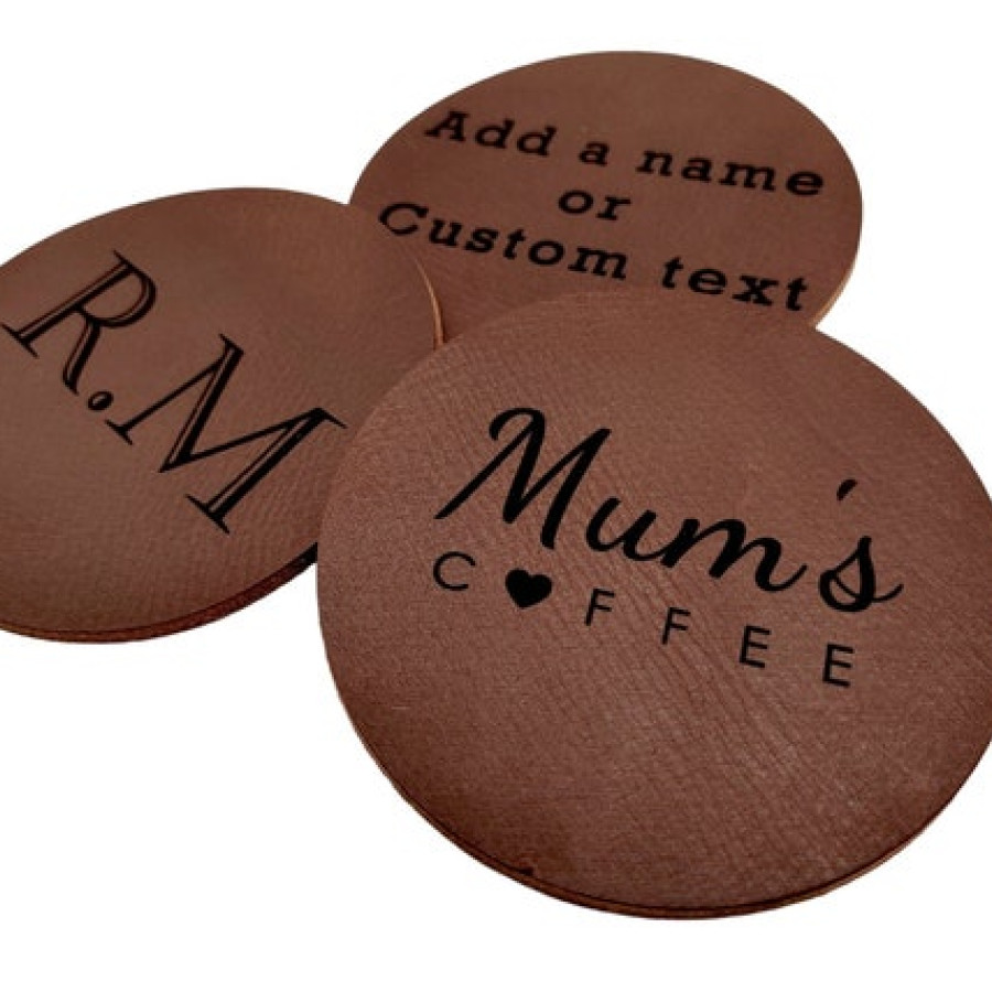 Custom-made / personalised genuine leather vintage round coaster - laser embossed onto 3mm thick veg tan leather 0